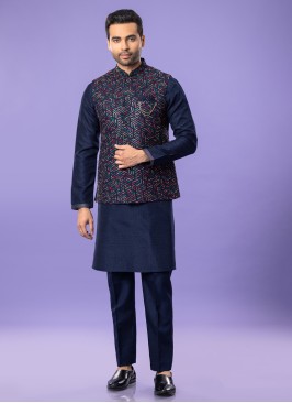 Festive Wear Navy Blue Nehru Jacket Set