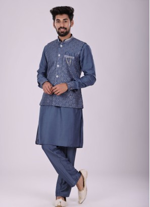 Festive Wear Nehru Jacke Set In Blue Color