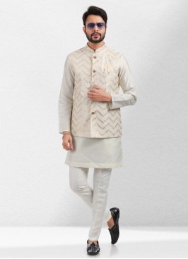 Festive Wear Nehru Jacket Set In Cream Color