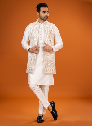 Festive Wear Nehru Jacket Set In Cream Color