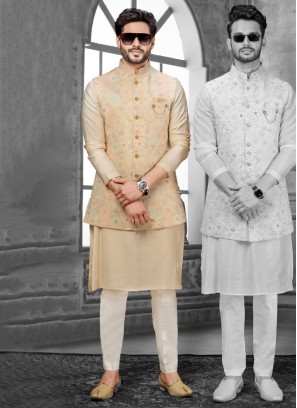 Festive Wear Nehru Jacket Set In Golden Cream Color