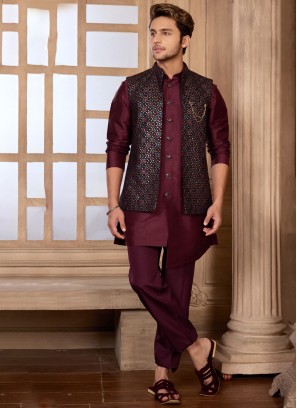 Festive Wear Nehru Jacket Set In Wine Color