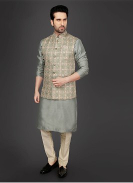 Festive Wear Nehru Jacket Suit In Grey Color