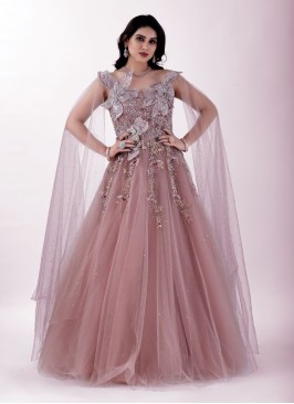 Onion Pink Embroidered Designer Gown