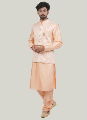 Festive Wear Peach Nehru Jacket Set