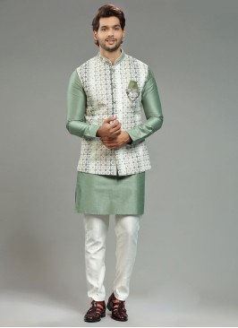 Festive Wear Pista Green Nehru Jacket Set In Silk
