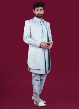 Festive Wear Powder Blue Jacket Style Indowestern In Silk