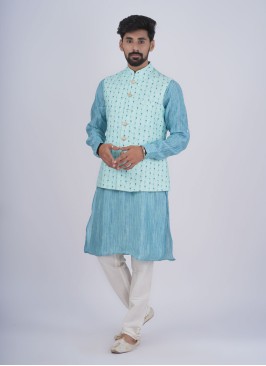 Festive Wear Printed Sky Blue Nehru Jacket Set