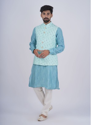 Festive Wear Printed Sky Blue Nehru Jacket Set