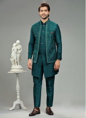 Festive Wear Rama Green Nehru Jacket Set In Silk