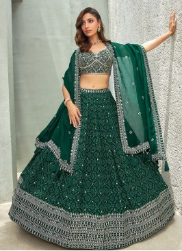 Festive Wear Sequins Embroidered Bottle Green Lehenga Choli