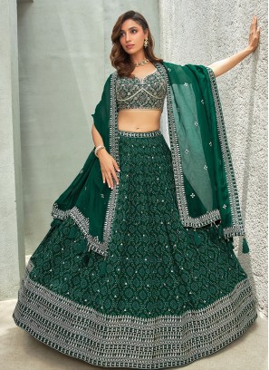 Festive Wear Sequins Embroidered Bottle Green Lehenga Choli