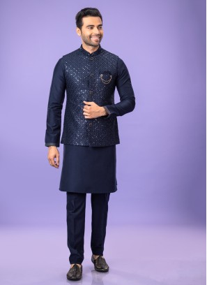 Festive Wear Sequins Embroidered Navy Blue Nehru Jacket Set