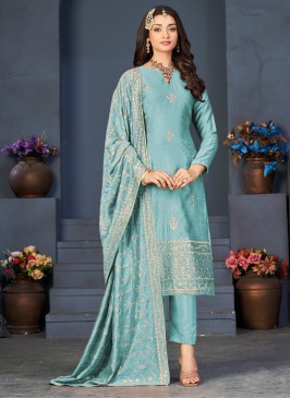 Festive Wear Sky Blue Dola Silk Dress Material