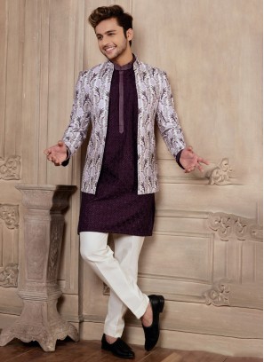 Festive Wear White And Dark Purple Indowestern