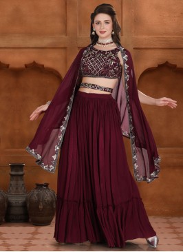 Festive Wear Wine Crepe Silk Palazzo Indowestern Suit