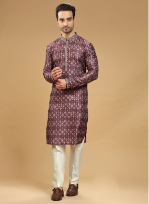 Festive Wear Wine Kurta Pajama In Art Silk