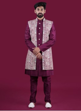 Festive Wear Wine Nehru Jacket Set In Art Silk
