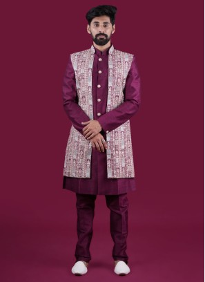 Festive Wear Wine Nehru Jacket Set In Art Silk