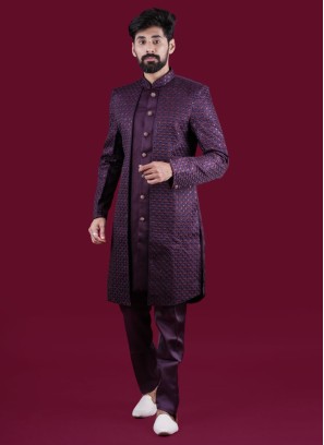 Festive Wear Wine Nehru Jacket Set In Silk