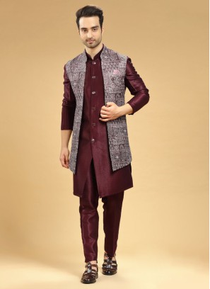 Festive Wear Wine Nehru Jacket Set In Silk