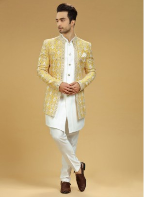 Festive Wear Yellow Jacket Style Indowestern In Silk