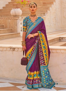 Purple and Blue Contemporary Patola Silk Saree