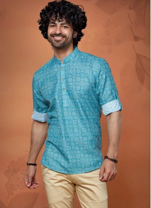 Firozi Color Cotton Silk Kurta For Mens