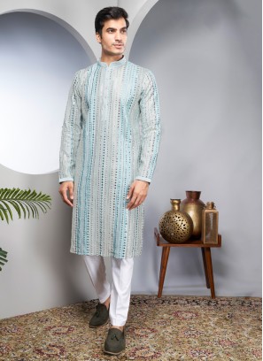 Firozi Cotton Silk Embroidered Kurta Set