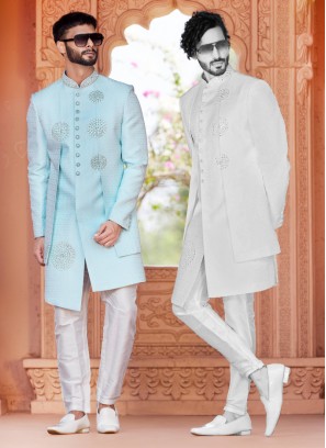 Firozi Jacket Style Indowestern Set In Brocade Silk