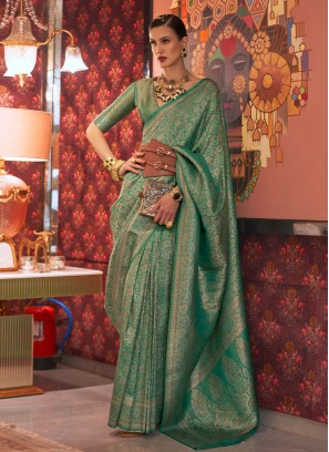 Sea Green Silk Weaving Work Festive Saree