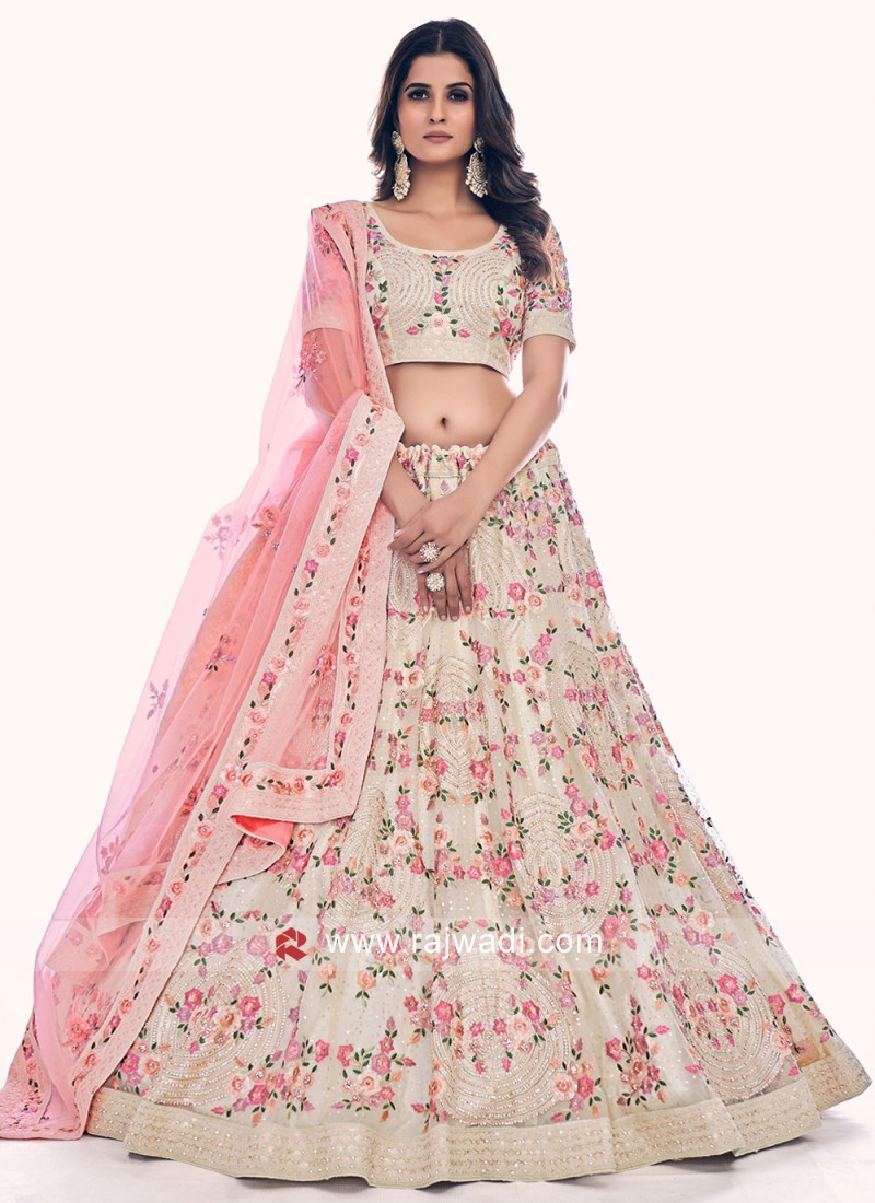 Gorgeous Off White and Peach Floral Bridesmaid Lehenga Choli