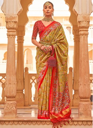 Khaki and Red Tussar Silk Zari Saree