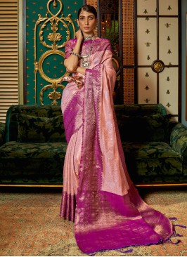 Flattering Purple and Peach Zari Woven Festive Sar