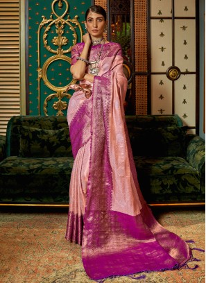 Flattering Purple and Peach Zari Woven Festive Saree