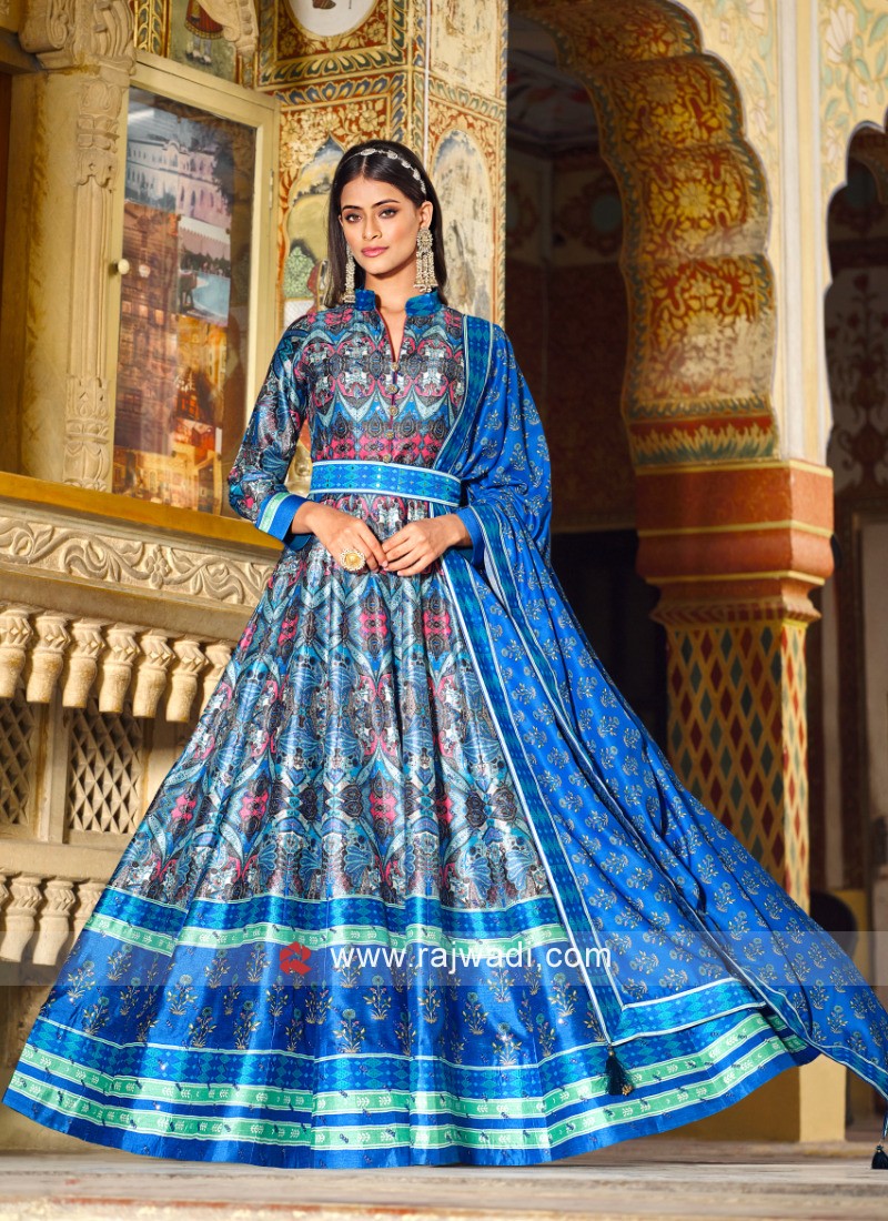 Art Silk Fabric Fancy Embroidered Function Wear Long Anarkali Salwar Suit  In Navy Blue Color