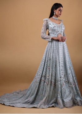 Sky Blue Floral Sequins Embellished Wedding Gown with Trail