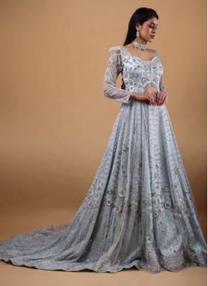 Sky Blue Floral Sequins Embellished Wedding Gown with Trail