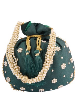 Floral Embroidered Bottle Green Potli Bag