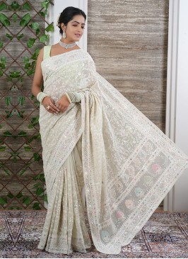 Floral Embroidered Designer Chiffon Saree