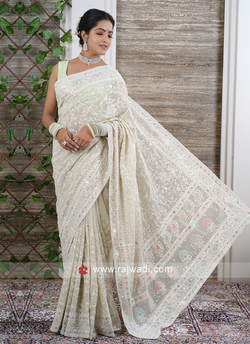 Off White Chiffon Sari - Maria B.- Indian Pakistani Designer