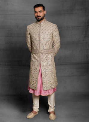 Floral Embroidered Golden Cream Groom Sherwani