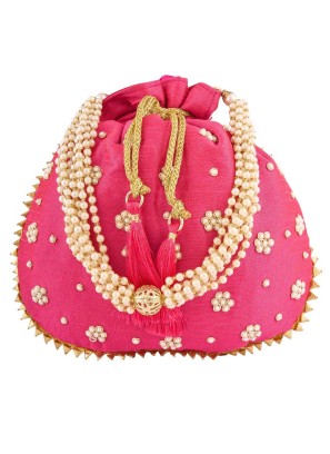 Floral Embroidered Pink Art Silk Potli Bag