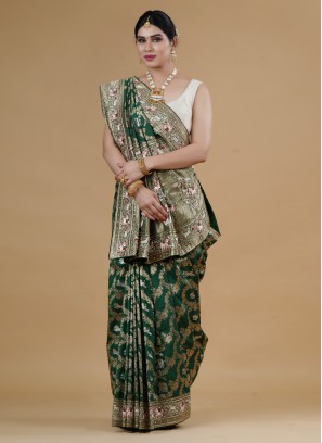 Buy Bottle Green Hand-Embroidered With Gujarati Stitch Dupion Silk Saree  (With Blouse) 16380 | www.maanacreation.com