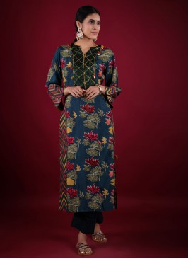 Floral Print Raw Silk Salwar Kameez In Rama Blue