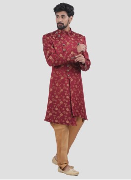 Floral Print Silk Indowestern In Red And Golden