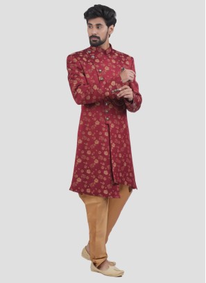 Floral Print Silk Indowestern In Red And Golden