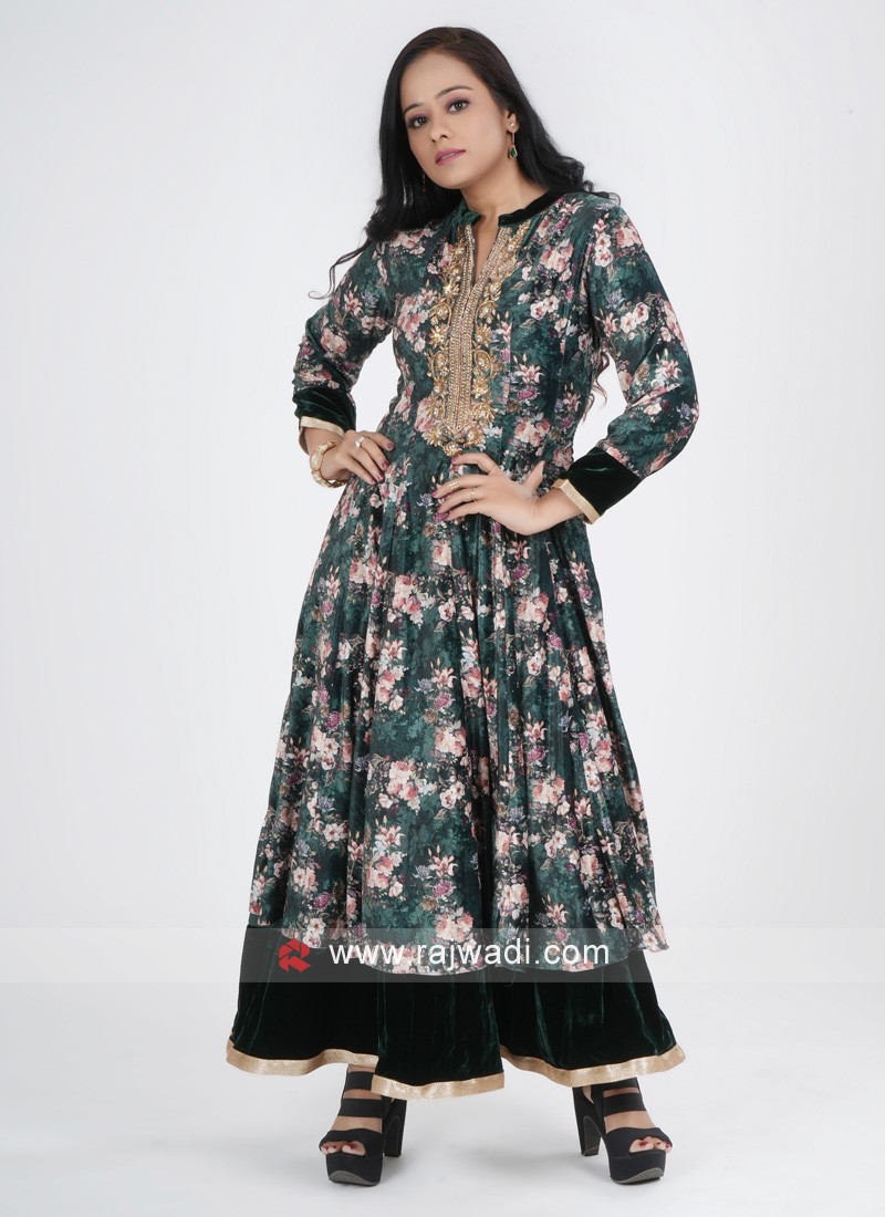 Floral Printed A-line Kurti In Bottle Green Color