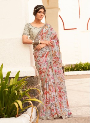 Floral Printed Beige Color Organza Saree