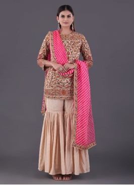 Floral Printed Beige Sharara Suit